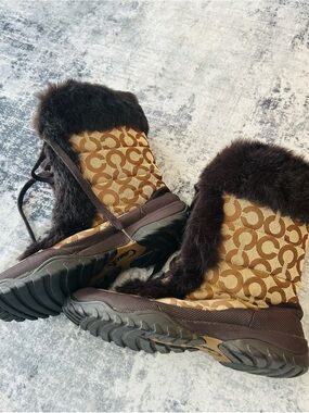 Coach Brown Signature Fur-Trim Winter Boots